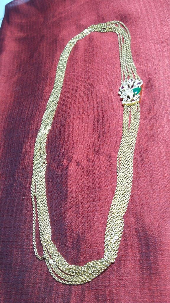 Gold Plated Traditional Indian Long Necklace Set with Green Stones for Women view 3