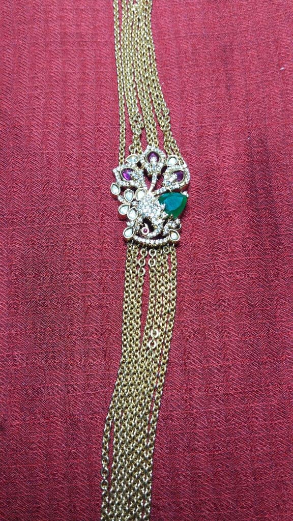 Gold Plated Traditional Indian Long Necklace Set with Green Stones for Women view 4