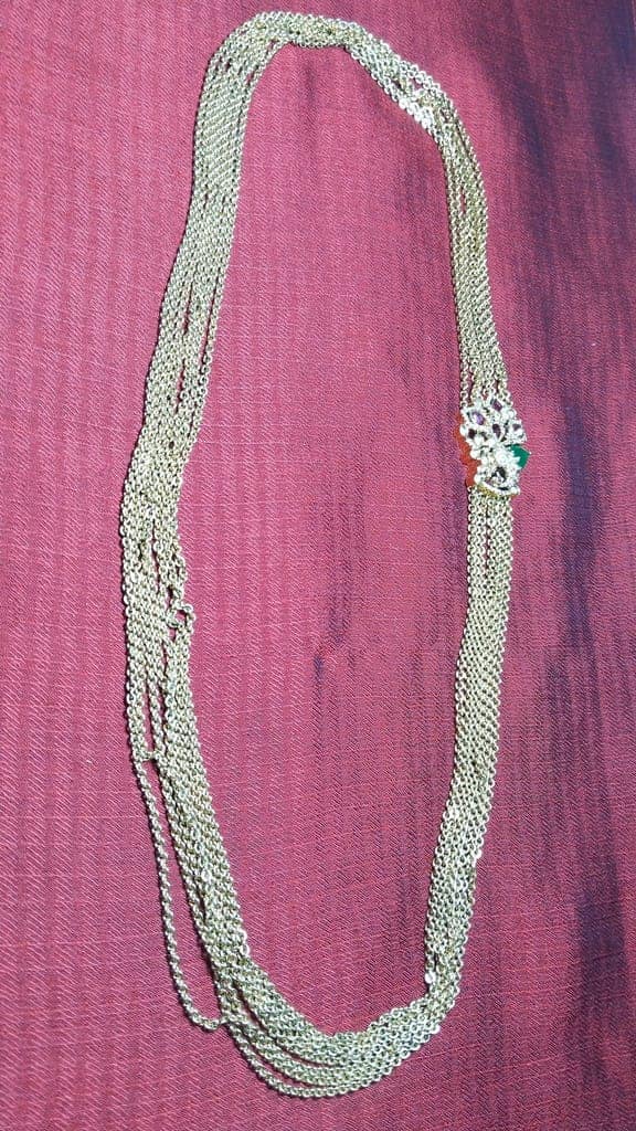 Gold Plated Traditional Indian Long Necklace Set with Green Stones for Women view 5