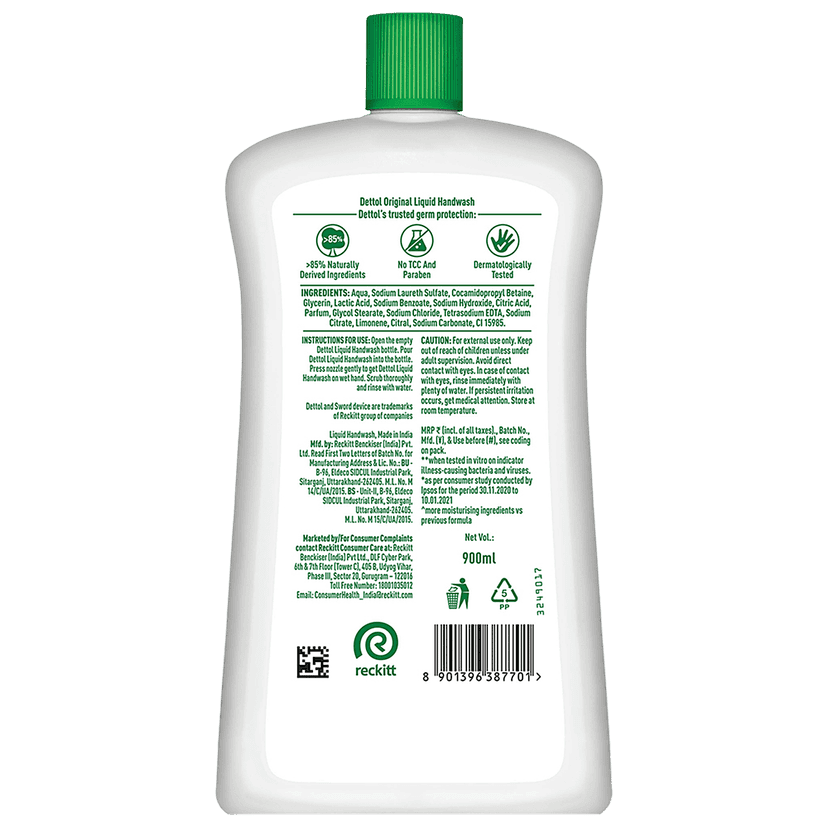 Dettol Liquid Handwash - Original Hand Wash Germ Defence Formula, 10X Better Germ Protection, 900 Ml Refill Bottle view 2