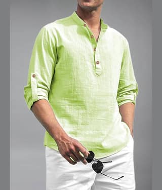 BHUVIKOO Cotton Blend Plain Shirt Style Kurta For Men ( Light Green )