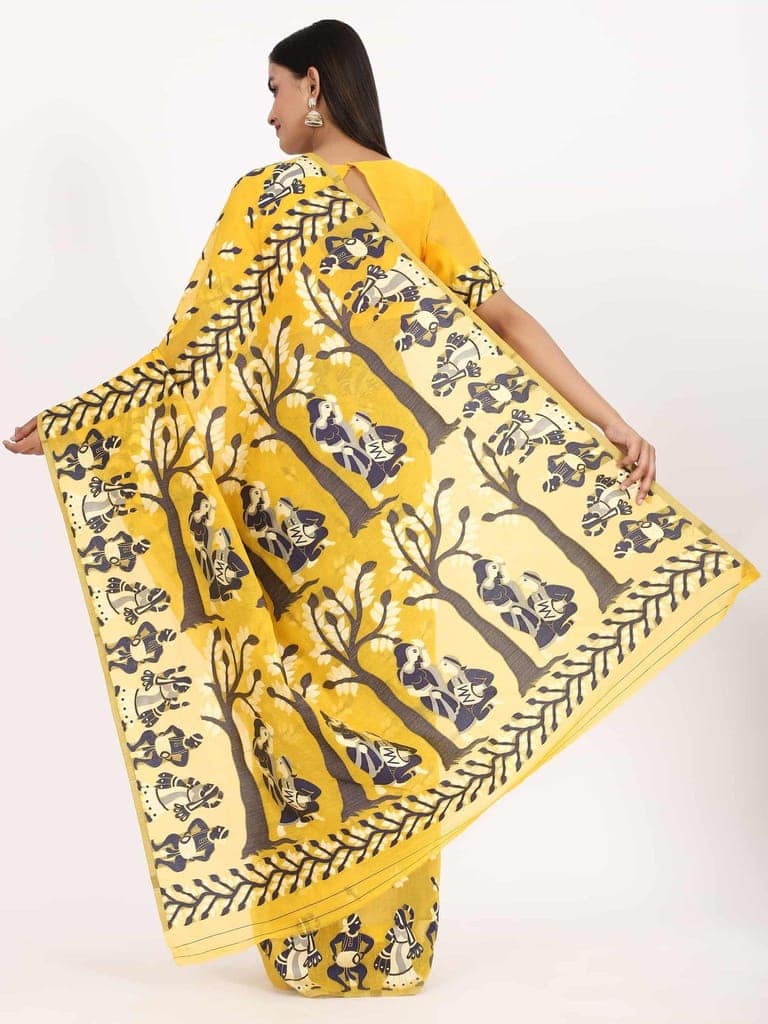 Women's Pure Cotton Woven Jamdani Yellow Saree view 2