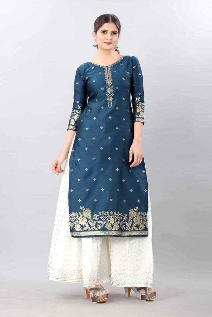 Blue-God Toned Unstitched Woven Design Dress Material