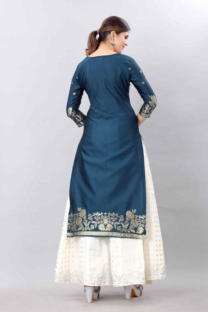 Blue-God Toned Unstitched Woven Design Dress Material view 2