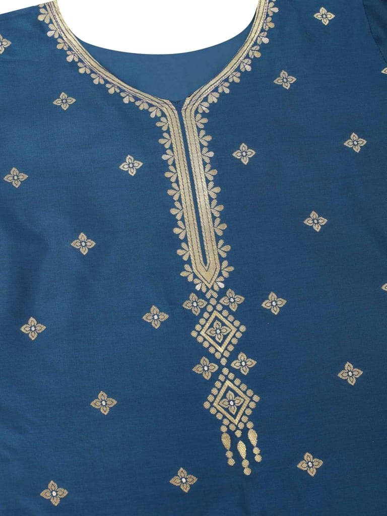 Blue-God Toned Unstitched Woven Design Dress Material view 4