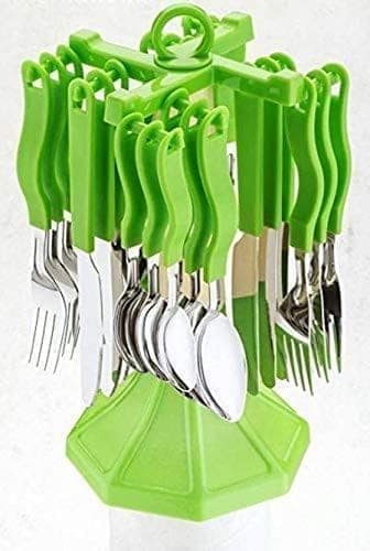 HAPPI Cutlery Set for Dining Table with Stand 24 Piece Stainless Steel Regent 6 Tea Spoon, 6 Dessert Spoon, 6 Dessert Fork,6 Butter Knife (Multicolor)