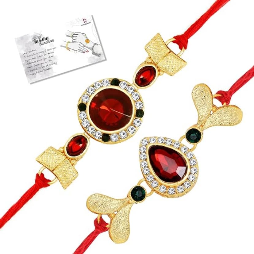 LIVE EVIL Sparkling Gold plated Kundan work Rakhi for Brother Sister with Raksha Bandhan Greeting Card having Traditional Ethnic Unique Design Specially Pack of 2