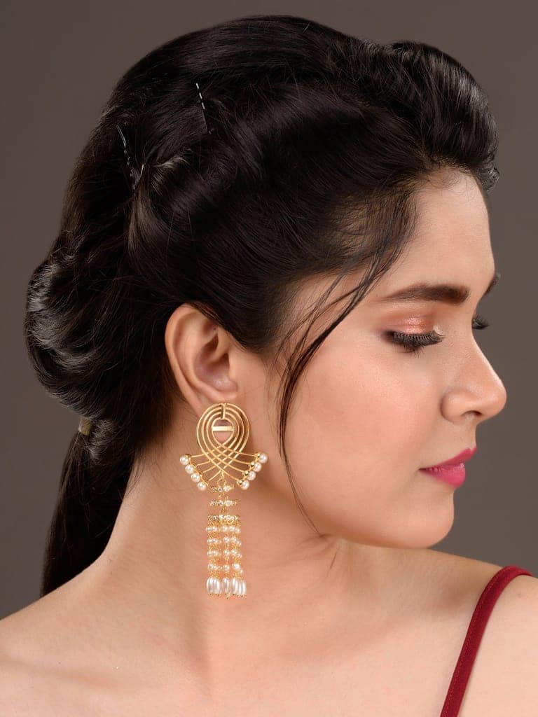 Gold Plated Pearl Beaded Chandelier Jhumka Earrings view 3