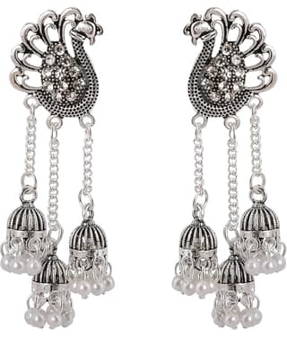 SILVER SHINE Dazzling Silver Peacock Tassel Jhumki Earrings for Women