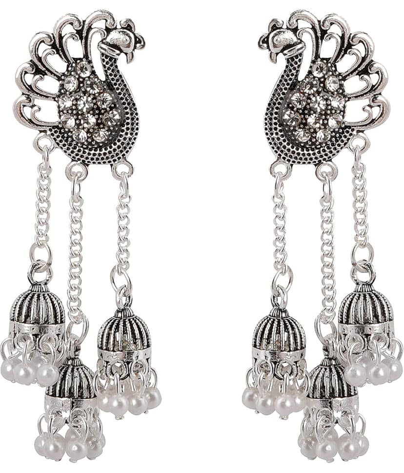 SILVER SHINE Dazzling Silver Peacock Tassel Jhumki Earrings for Women