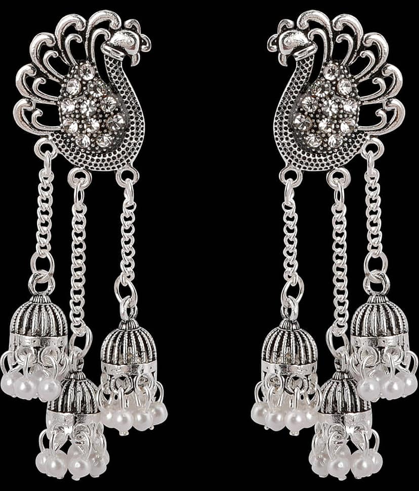 SILVER SHINE Dazzling Silver Peacock Tassel Jhumki Earrings for Women view 2