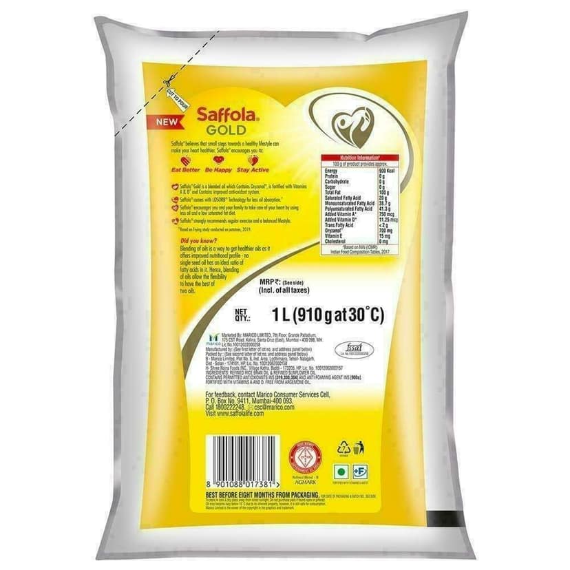 Saffola Gold Pro Healthy Lifestyle RiceBran Based Blended Oil 1 L view 3