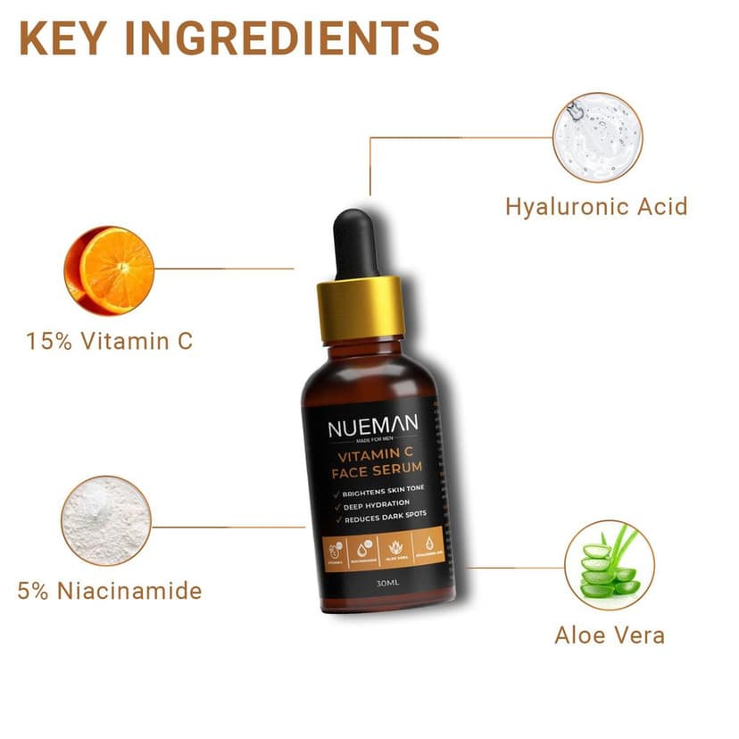 NUEMAN Vitamin C Face Serum | For Men | With 15% Vitamin C, Niacinamide, Hyaluronic Acid & Licorice | Brightens Skin, Fades Spots | Fragrance-Free & Dermatologically Tested view 3