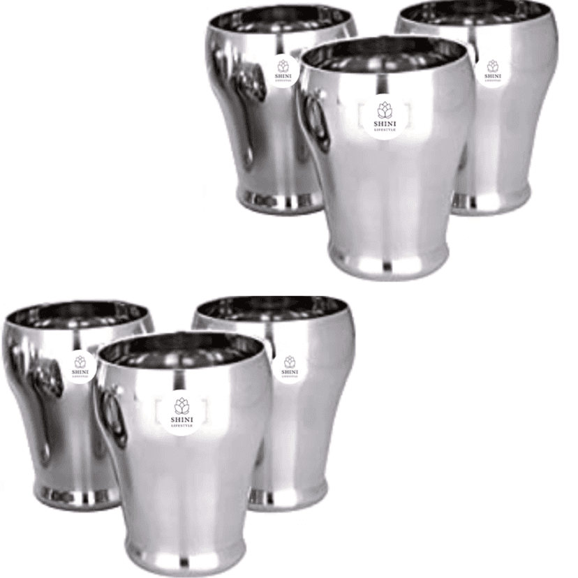 SHINI LIFESTYLE (Pack of 6) Stainless Steel Designer Glass, Heavy Gauge Glass Set Water/Juice Glass (350 ml, Steel, Silver)