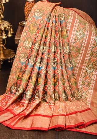 Pure Silk Tissue Ikkat Pochampally Silk Saree in Red & Green with Zari Border | SILK MARK CERTIFIED
