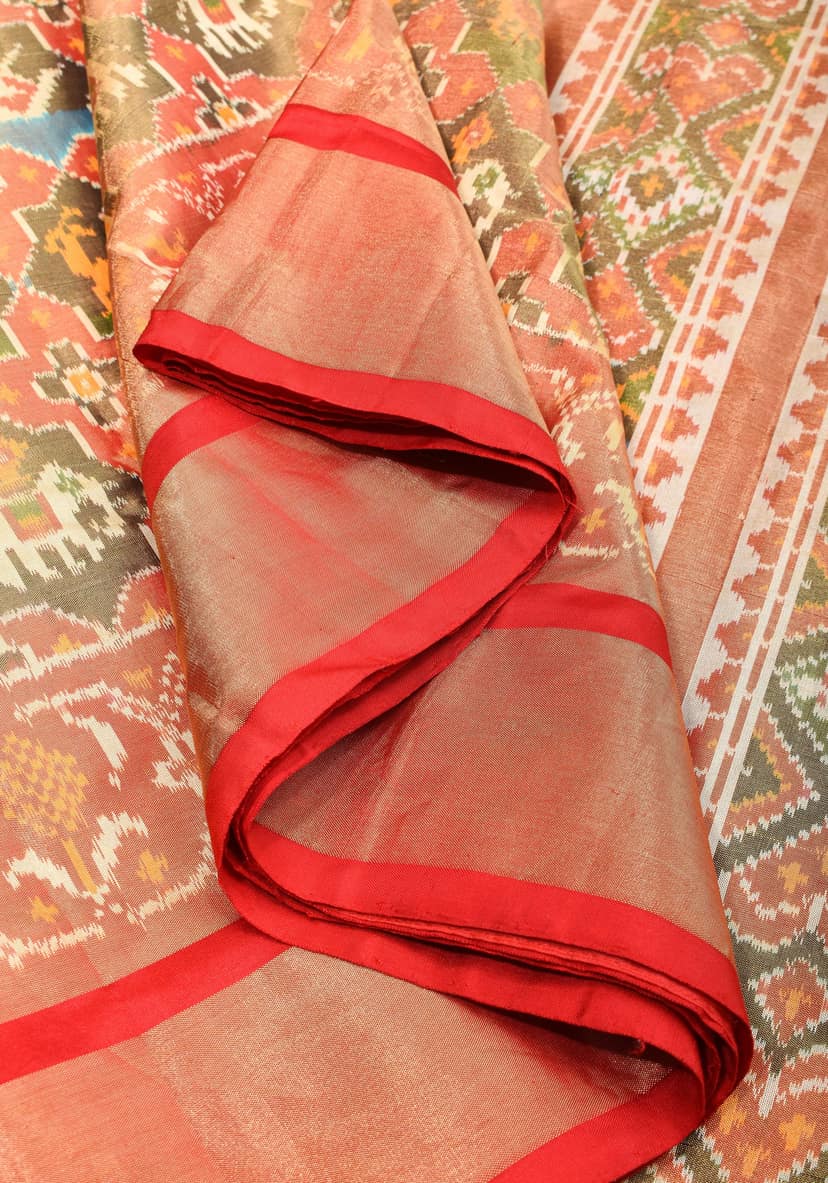 Pure Silk Tissue Ikkat Pochampally Silk Saree in Red & Green with Zari Border | SILK MARK CERTIFIED view 2