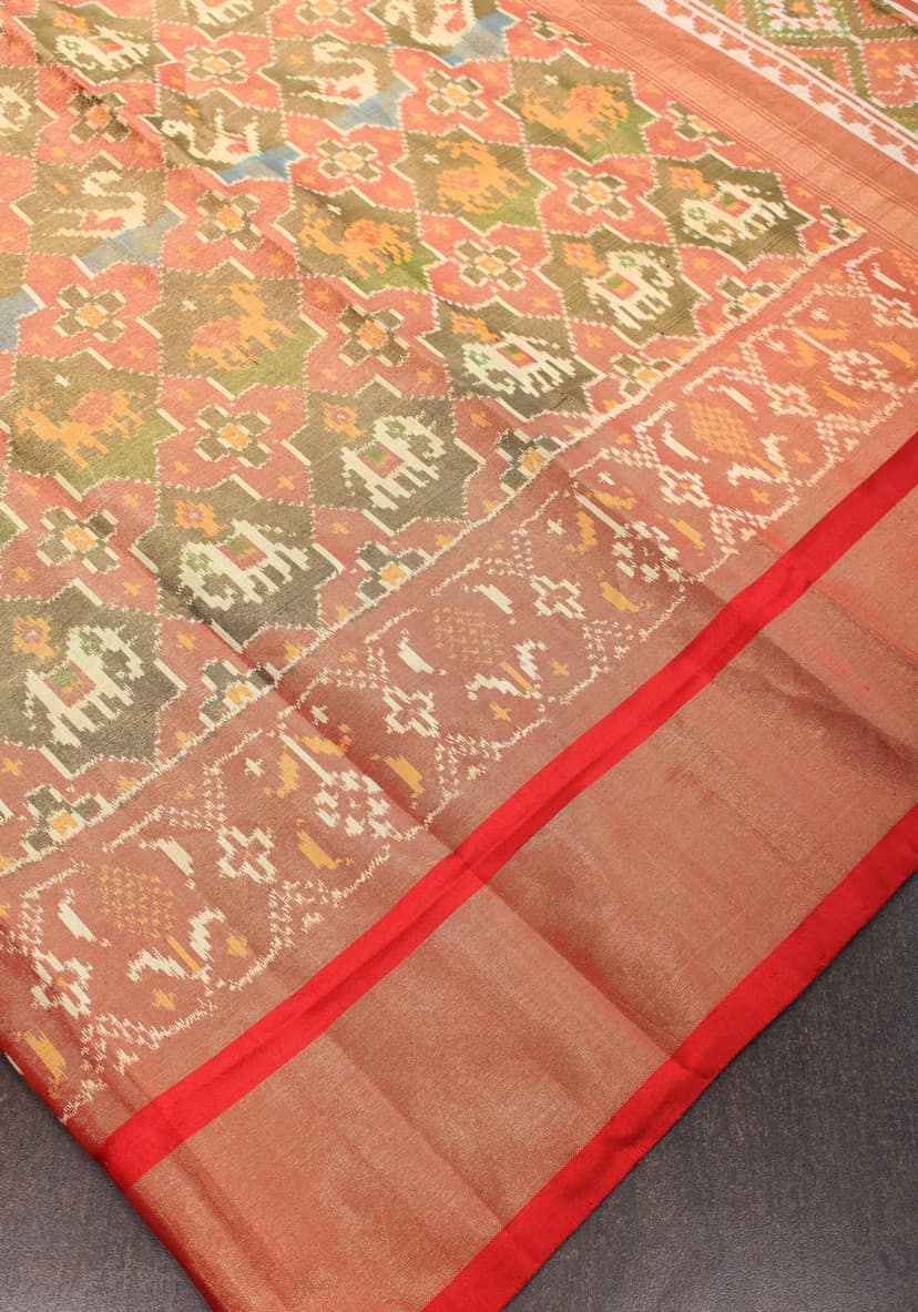 Pure Silk Tissue Ikkat Pochampally Silk Saree in Red & Green with Zari Border | SILK MARK CERTIFIED view 7