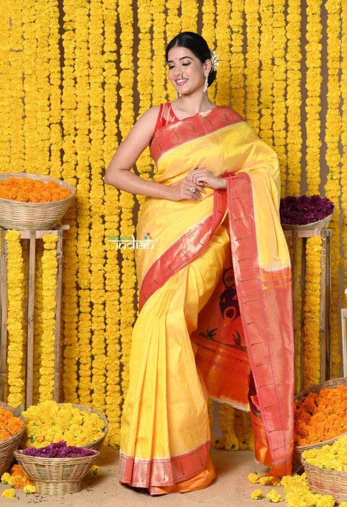 Rajsi~ Handloom Pure Silk Muniya Border Saree With Handcrafted Peacock Pallu in Yellow view 3