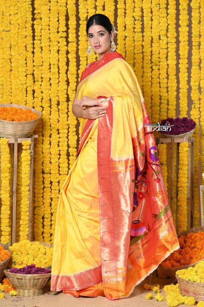Rajsi~ Handloom Pure Silk Muniya Border Saree With Handcrafted Peacock Pallu in Yellow view 4