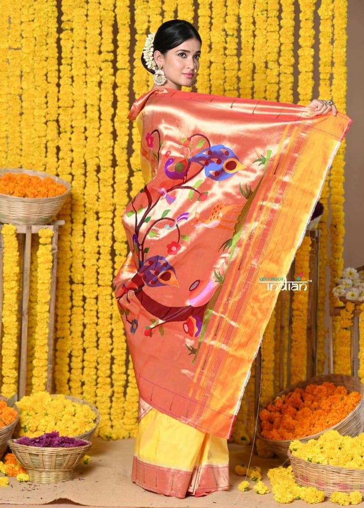 Rajsi~ Handloom Pure Silk Muniya Border Saree With Handcrafted Peacock Pallu in Yellow view 5
