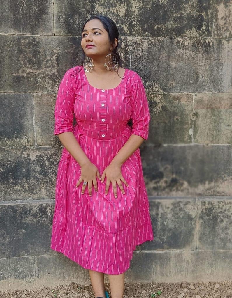 Pure Cotton Ikkat Dress Hot Pink Colour (Size XXS(32) to Plus Size(56))-9538 view 2