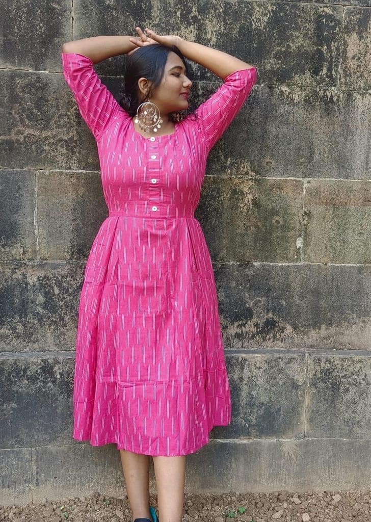 Pure Cotton Ikkat Dress Hot Pink Colour (Size XXS(32) to Plus Size(56))-9538 view 3