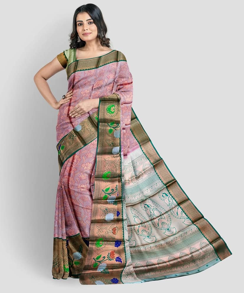 Light Pink Color Long Border Tissue Silk Saree