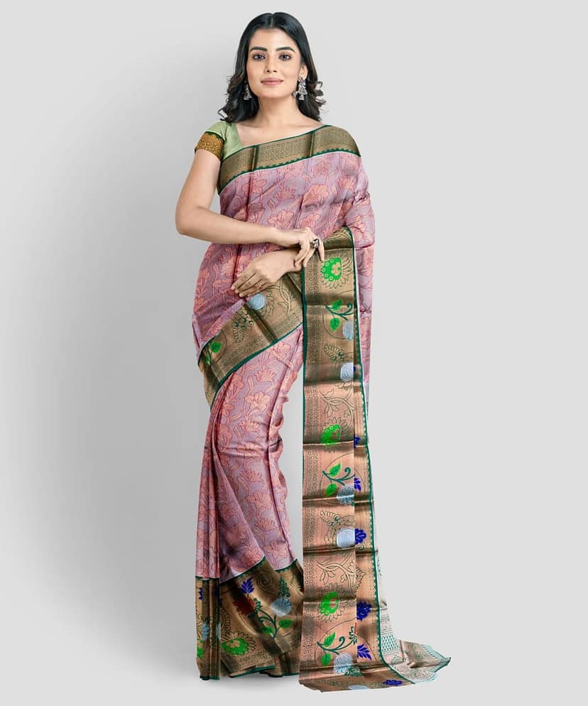 Light Pink Color Long Border Tissue Silk Saree view 2