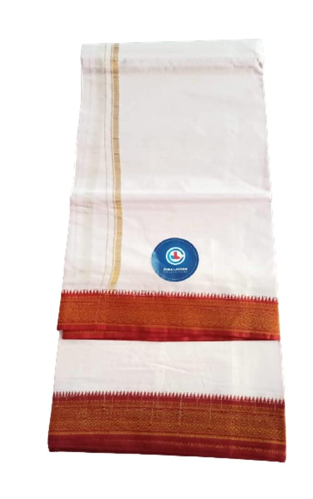Jinka Lakshmi Collections 100% Handloom Cotton Dhoti With Zari Border Up and Down 4 Meters Unstitched Pack of 2 (Multicolor-6) view 9
