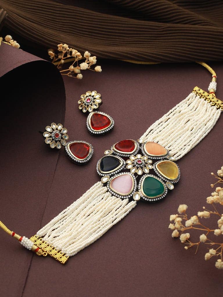 GoldPlated Multi Stone Pearl Beaded Floral Choker Jewellery Set view 2