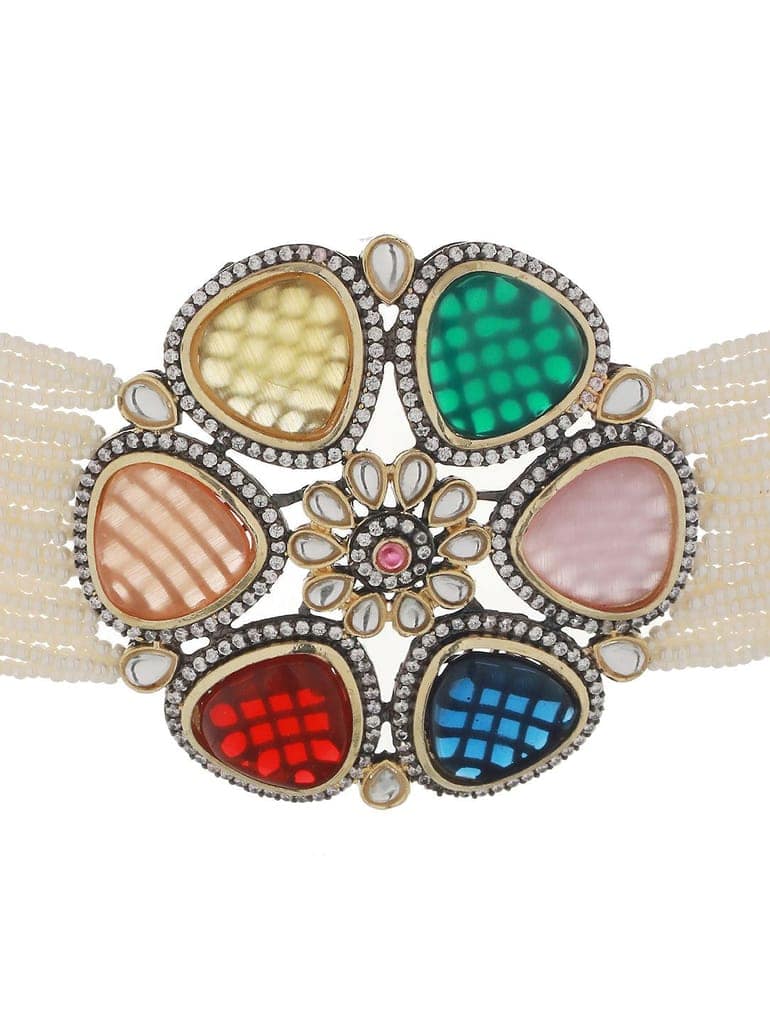 GoldPlated Multi Stone Pearl Beaded Floral Choker Jewellery Set view 7
