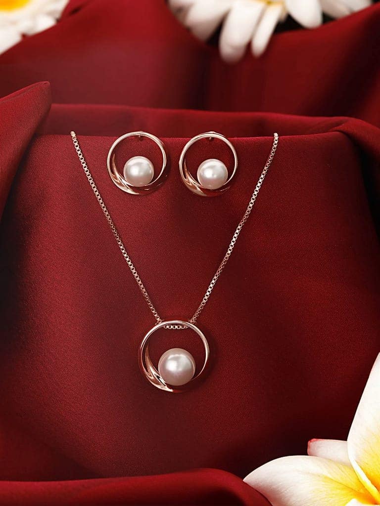 Anti-Tarnish Rose Gold Plated Pearl Beaded Minimal Galaxy Locket Jewellery Set view 6