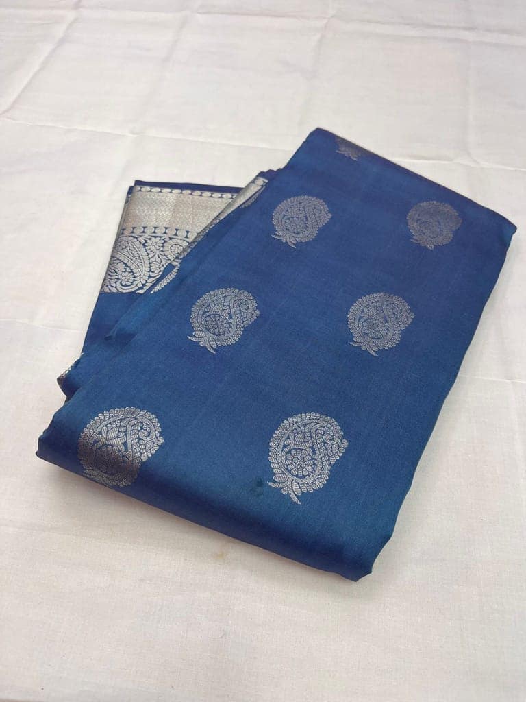 Turkish Blue Color Silver Small Mango Butta Saree with Unstitched Blouse view 2