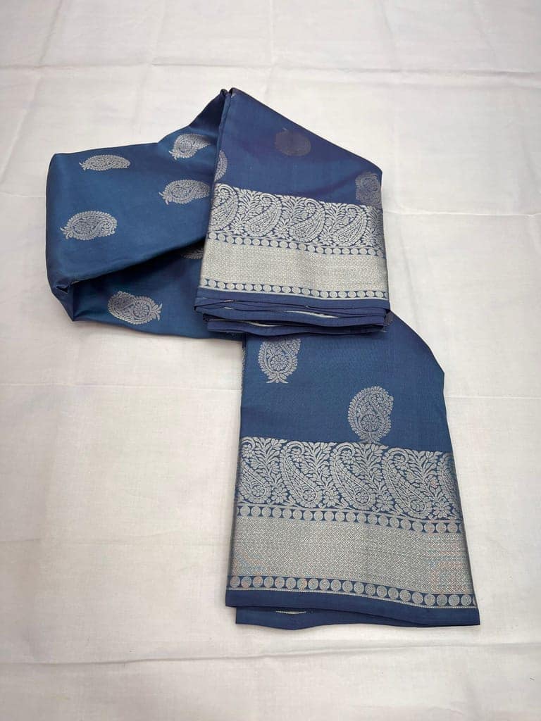 Turkish Blue Color Silver Small Mango Butta Saree with Unstitched Blouse view 3