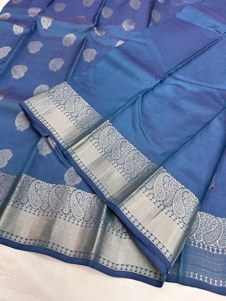 Turkish Blue Color Silver Small Mango Butta Saree with Unstitched Blouse view 5