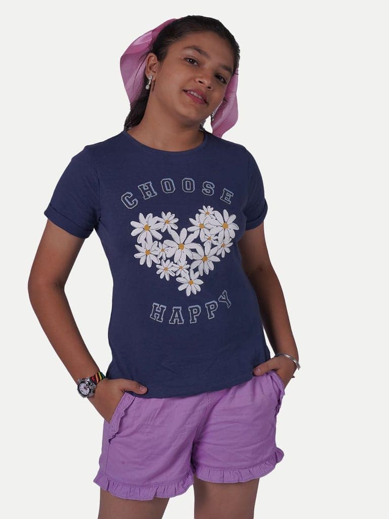 Teen Girls Navy Printed Crew Neck T-shirt view 3