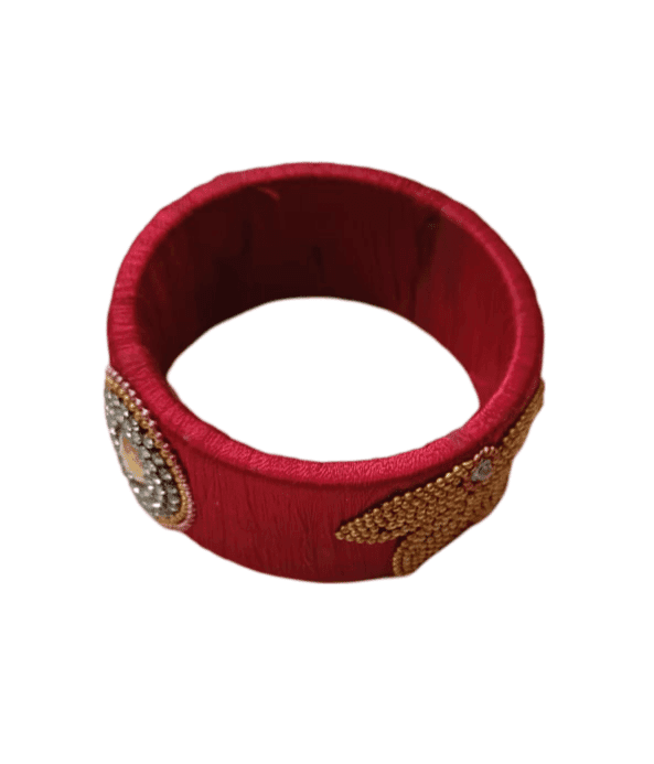 Red Silk Thread Bangle with Lotus Motif and Stone Work view 3