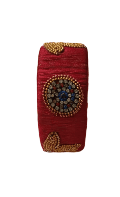 Red Silk Thread Bangle with Lotus Motif and Stone Work view 4