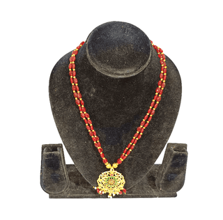 Traditional Gold Plated Red Beaded Long Necklace with Kundan Pendant