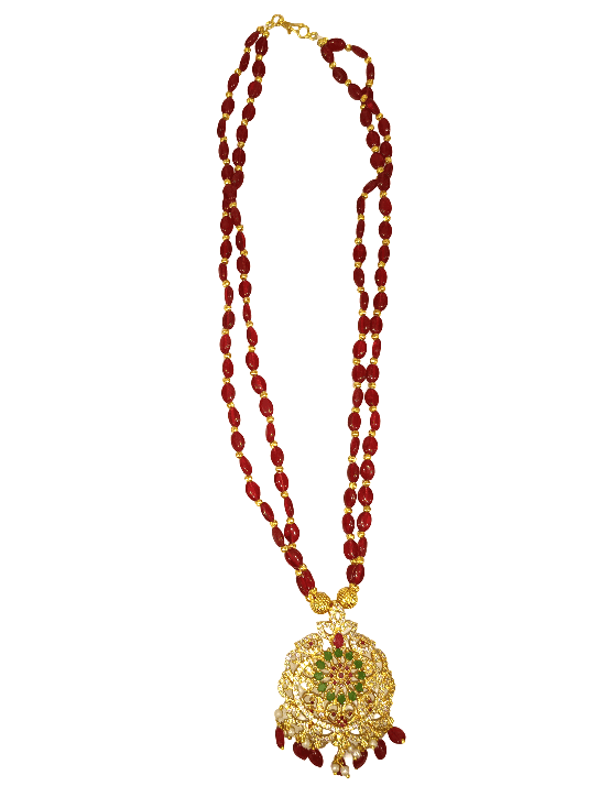 Traditional Gold Plated Red Beaded Long Necklace with Kundan Pendant view 2