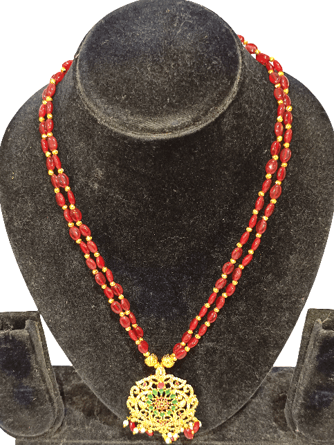 Traditional Gold Plated Red Beaded Long Necklace with Kundan Pendant view 3