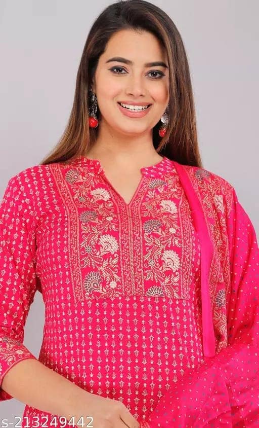 Women Rayon Straight Long Kurti With Pant And Dupatta ( Pink ) view 4
