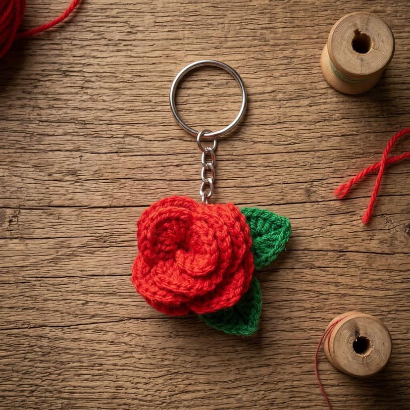 Handcrafted Rose Crochet Keychain view 4