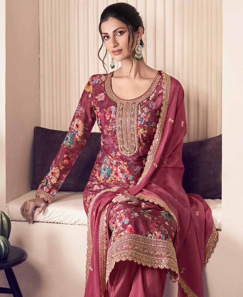 Floral Printed Magenta Long Suit for Women (Chinon Fabric) view 3