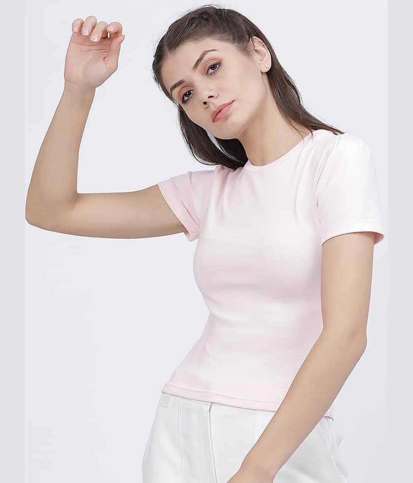 Tokyo Talkies Women Cotton Blend Solid Regular Fit Round Neck T-Shirt ( Pink ) view 2
