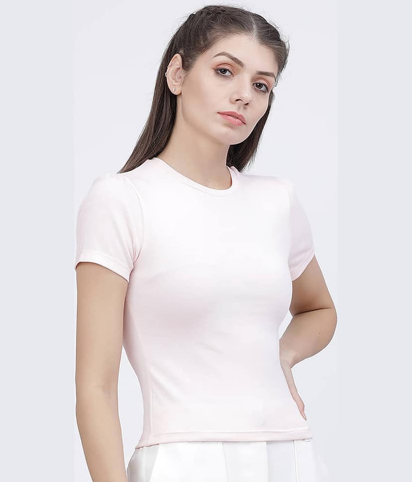 Tokyo Talkies Women Cotton Blend Solid Regular Fit Round Neck T-Shirt ( Pink ) view 6