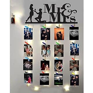 Khush Its Amazing Home Decor Wood Mr And Mrs With LED Light Hanging Photo Display, DIY Picture Photo Frame Collage Set Includes Multi colour Clips