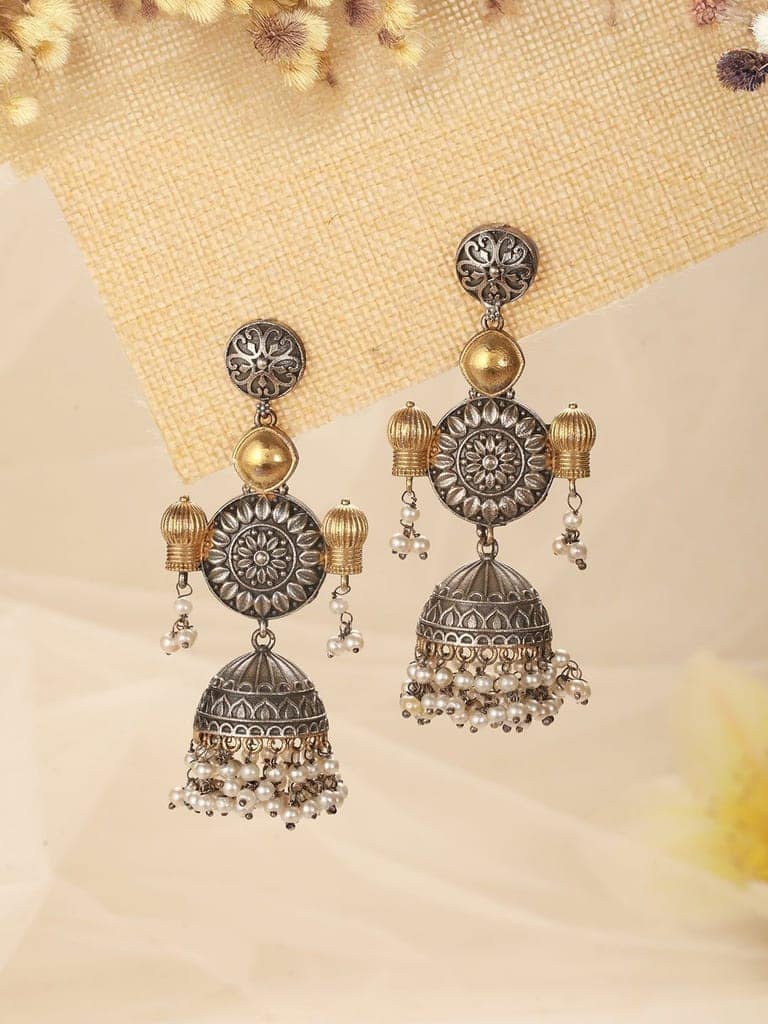 Silver Oxidised Dual Toned Dangler Fusion Lightweight Jhumka Earrings view 2