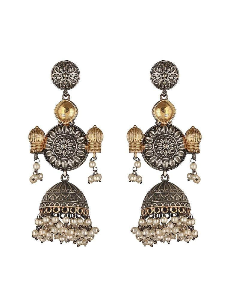 Silver Oxidised Dual Toned Dangler Fusion Lightweight Jhumka Earrings view 5