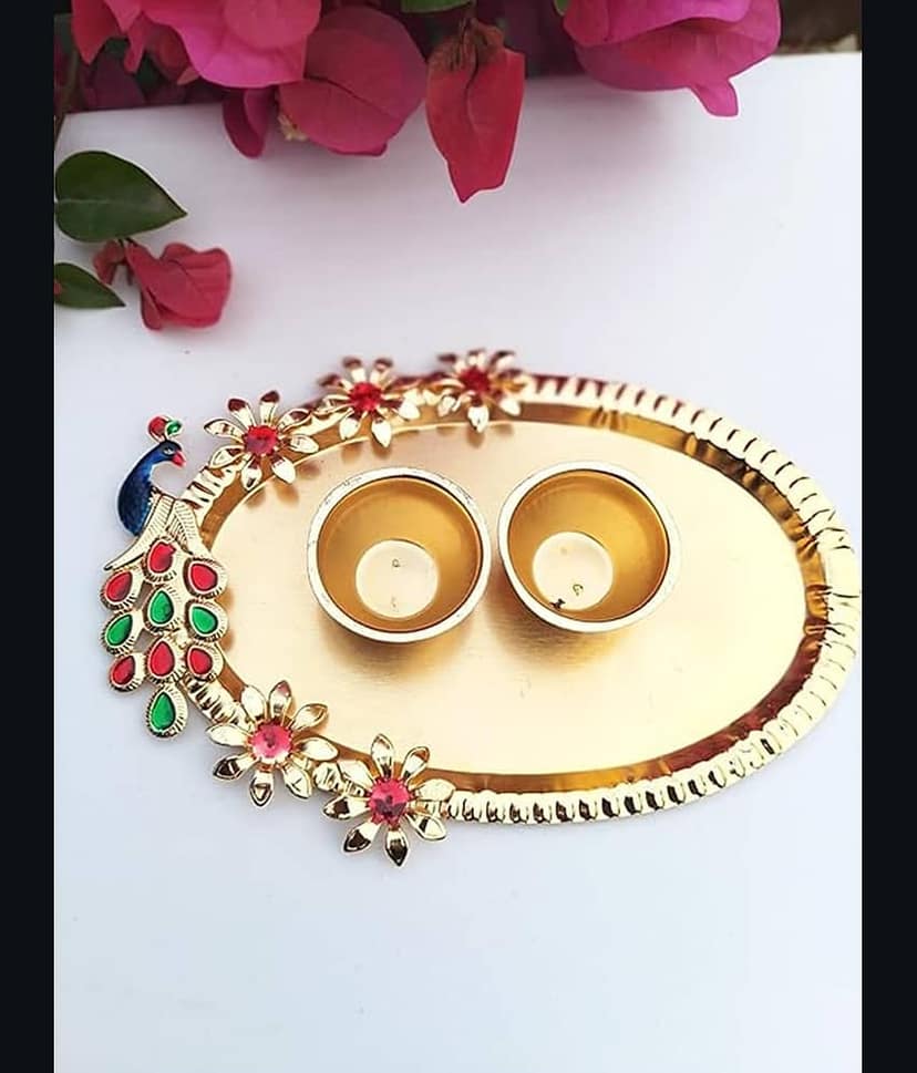 THRIFTKART - 1PC Decorative Roli Chawal Haldi Kumkum Holder Kumkum Box for Gifting, Pooja, Thali, Mandir, Home, Temple, Gifting Oval Peacock Design with Golden Finish view 2